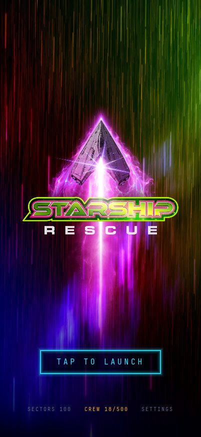 Title screen: wireframe asteroids drifting behind the Starship Rescue logo